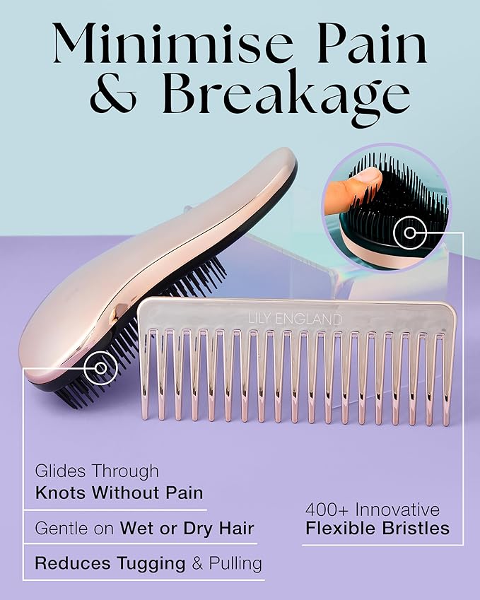 Lily England Detangling Comb & Hair Brush Set - Wide Tooth Comb for Curly, Straight, Thick, Fine & Wet Hair - Gentle & Pain-Free Detangler for Women & Kids - Lightweight Haircare Tools, Rose-Gold