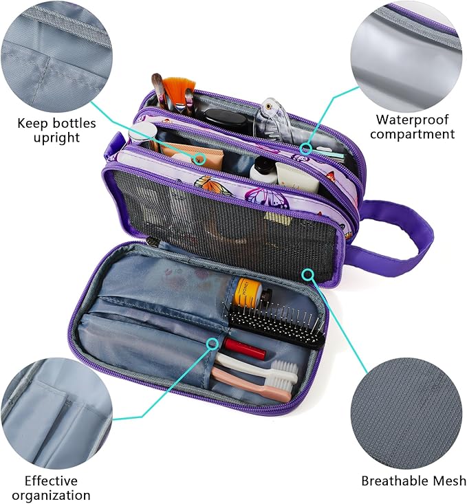 Kids Toiletry Bag for Girls, Travel Toiletry Bag for Little Young Girls Cosmetic Bag Makeup Bag Waterproof Hanging Wash Bag Toddler Toiletries, Butterfly Purple