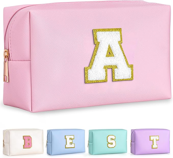 TOPEAST Initial Makeup Bag - Christmas Gifts for Teen Girls Kids, Birthday Gifts for 4 5 6 7 8 9 10 11 12 Year Old Teen Girls, Personalized Preppy Cosmetic Bags Toiletry Bag (Pink A)