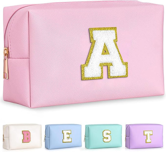 TOPEAST Initial Makeup Bag - Christmas Gifts for Teen Girls Kids, Birthday Gifts for 4 5 6 7 8 9 10 11 12 Year Old Teen Girls, Personalized Preppy Cosmetic Bags Toiletry Bag (Pink A)