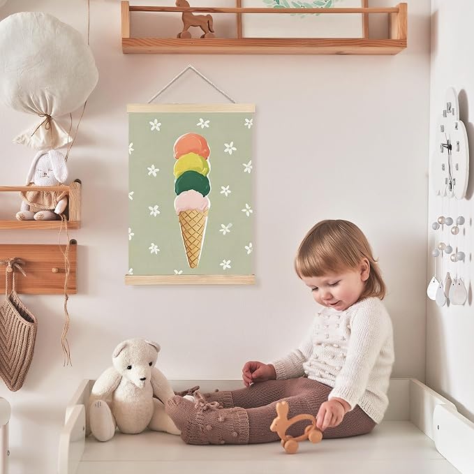 FDHSPAAM Ice Cream Nursery Wall Art Decor, Kids Room Decor, Cute Ice Cream Cone Sweet Treat Neutral Wall Art Posters for Kids Bedroom Cafe Kitchen, 12x16 Inch