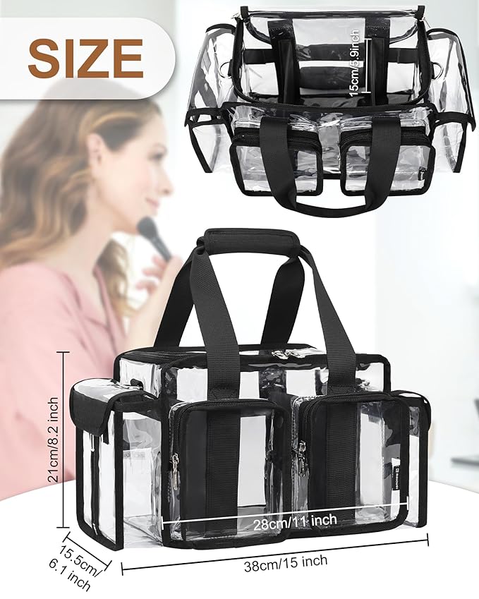 Relavel Clear Makeup Bag Professional Makeup Artist Kit Set Travel Cosmetic Organizer Case Transparent Stadium Approved Tote Bag Toiletry Lunch Duffle Work Shoulder Bag with Adjustable Dividers, Black