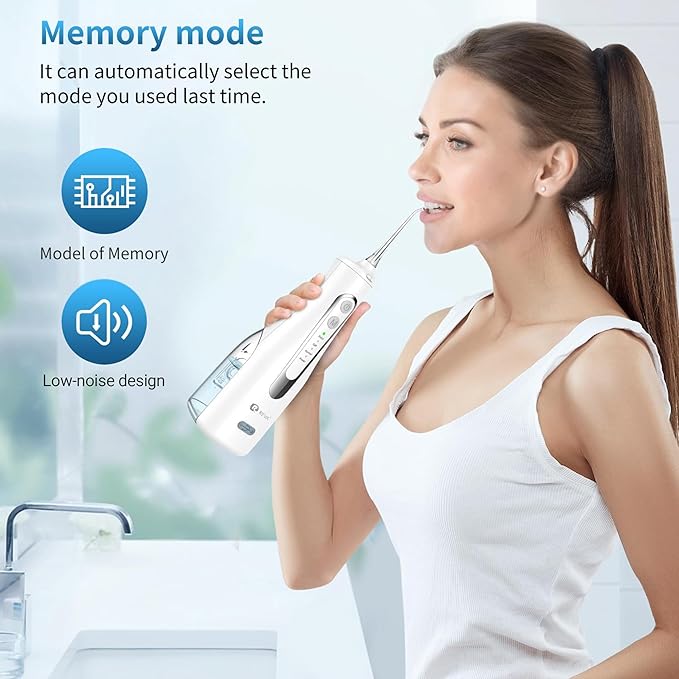 Cordless Oral Irrigator - 4 Modes Water Flosser for Teeth Cleaning, 300ML Reservoir, 360° Nozzle, IPX7 Waterproof, 2000mAh Rechargeable Battery, 4 Jet Tips, Smart Memory Function (M149 - White)