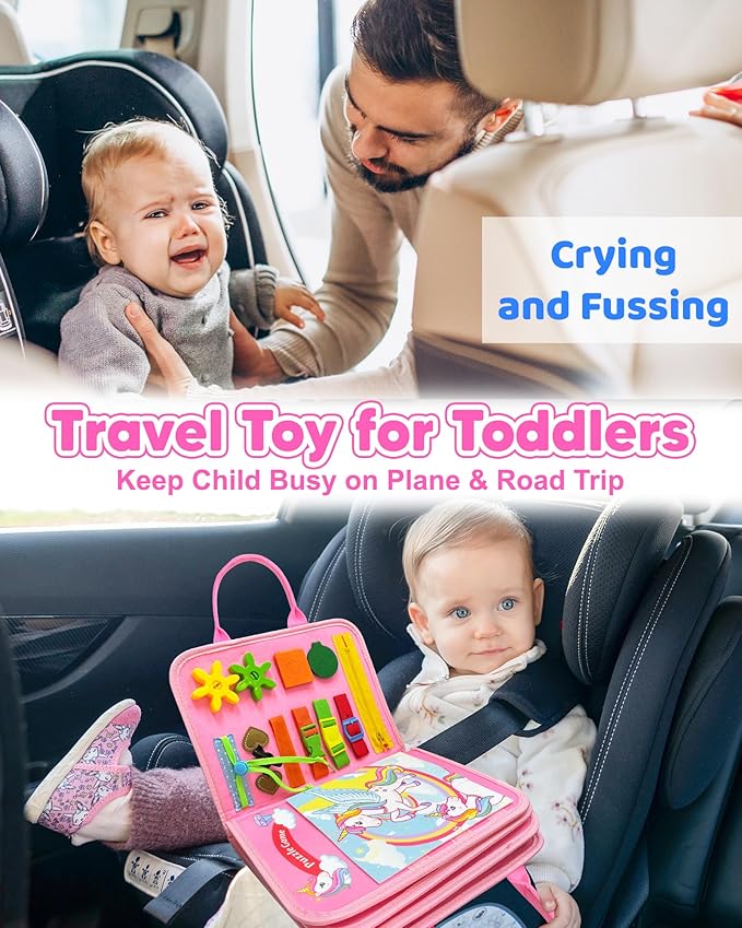 Busy Board Montessori Toys for Toddler Girl Birthday Gifts, Busy Book Sensory Learning Toys for Toddlers, Educational Activities Airplane Car Travel Toy for Girls