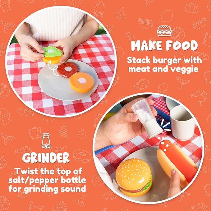 JOYIN 34 PCS Kitchen Toy Set, BBQ Play Grill, Cooking Toy Set, Little Chef Play, Kids Grill Playset Interactive BBQ for Kids with Light & Sound, Christmas Birthday Gift for 2 3 4 Year Old Boys Girls