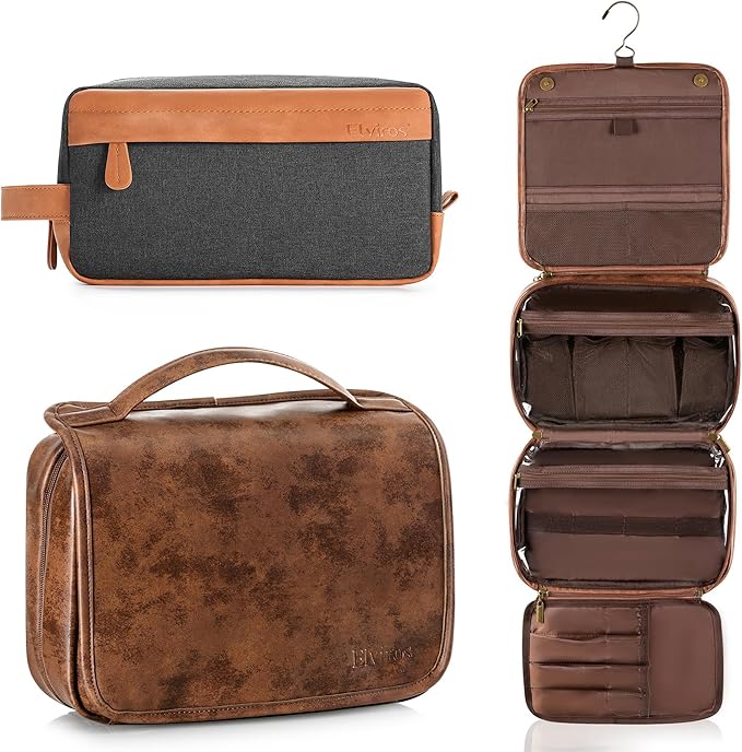 Elviros Hanging Travel Toiletry Bag Gift for Men，Mens Toiletries Bag Gifts Set Shaving Dopp Kit Water-resistant Bathroom Toiletries Organizer PU Leather Cosmetic Bags 2 Pack