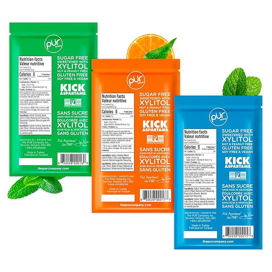 PUR Mints | Aspartame Free Breath Mints | Made with Xylitol | Sugar Free, Vegan, Gluten Free | Natural Flavor, Variety Pack | 65 Pieces in Re-Sealable pouch (Pack of 3)