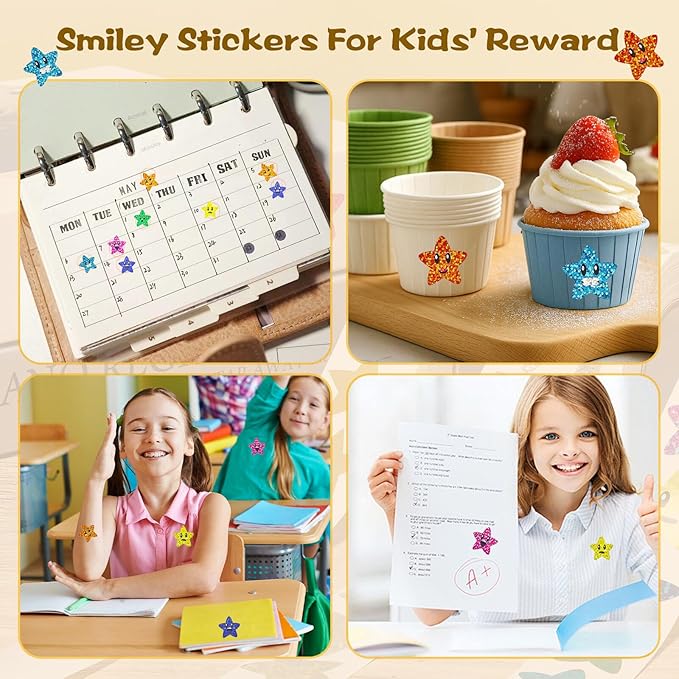 1000PCS Smiley Star Stickers for Kids Reward, 1 inch Holographic Star Stickers for DIY, Crafts, Behavior Chart, Student Planner, School and Classroom Teacher Supplies, 8 Colors