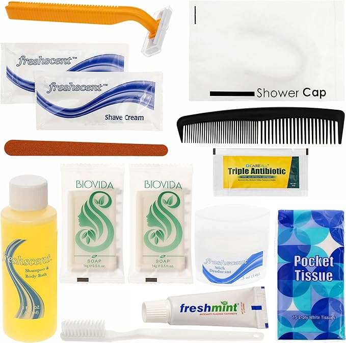 Moda West 24 Kits - Bulk Case of Wholesale Deluxe 15 Piece Toiletry Kit for Men, Women, Travel, Charity