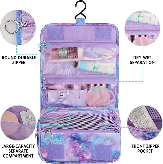 Kids Hanging Toiletry Bag for Girls, Travel Toiletry Bag for Little Young Teen Girls Cosmetic Makeup Waterproof Wash Bag Traveling Toiletries, Galaxy Purple