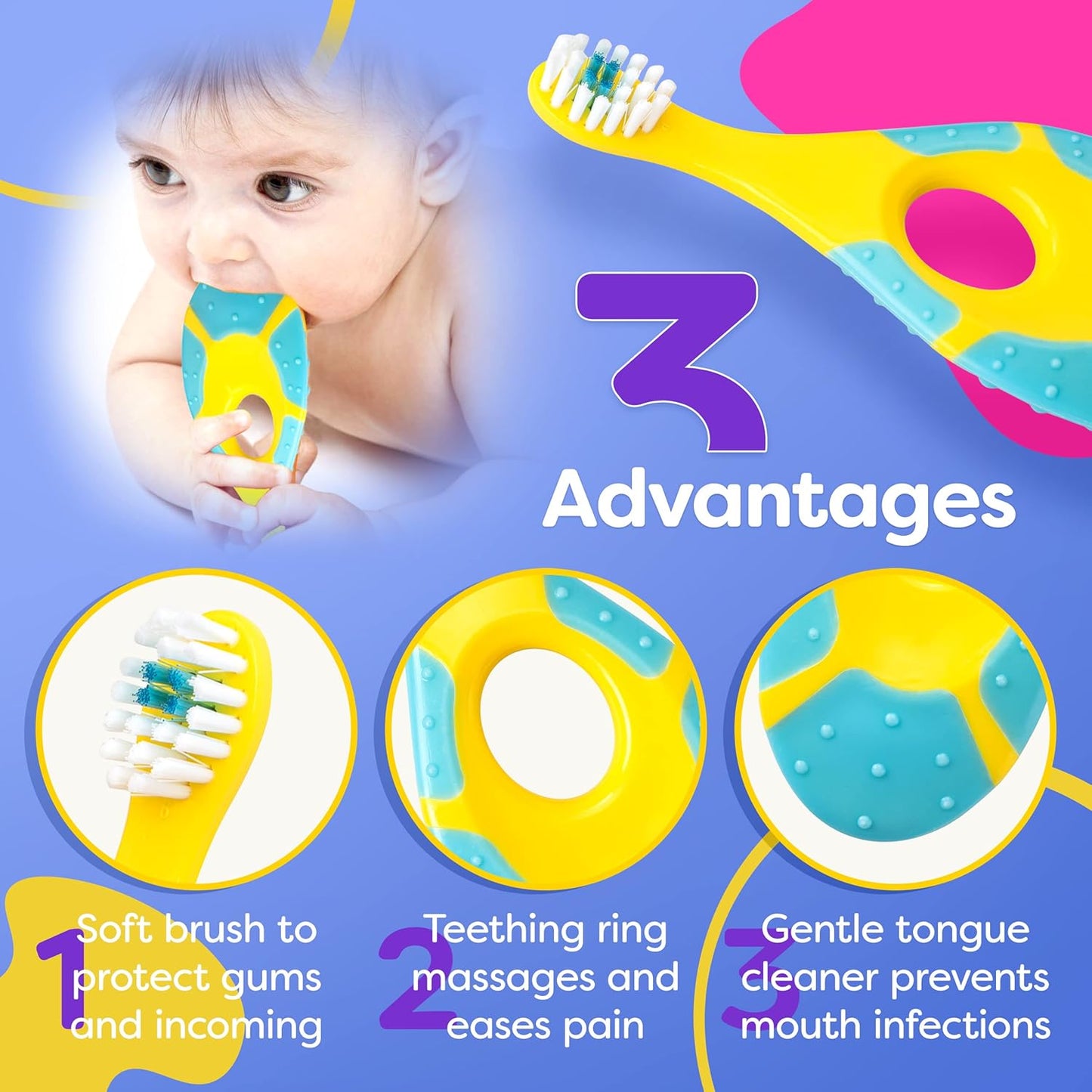 Baby Toothbrush 12 months and up - Toddler Toothbrush - Soft Bristles - Child Sized Brush Heads - infant toothbrush - Kids Tooth Brush - Easy Storage - Unisex Girl & Boy Set (4-Pack, Multi-Color)