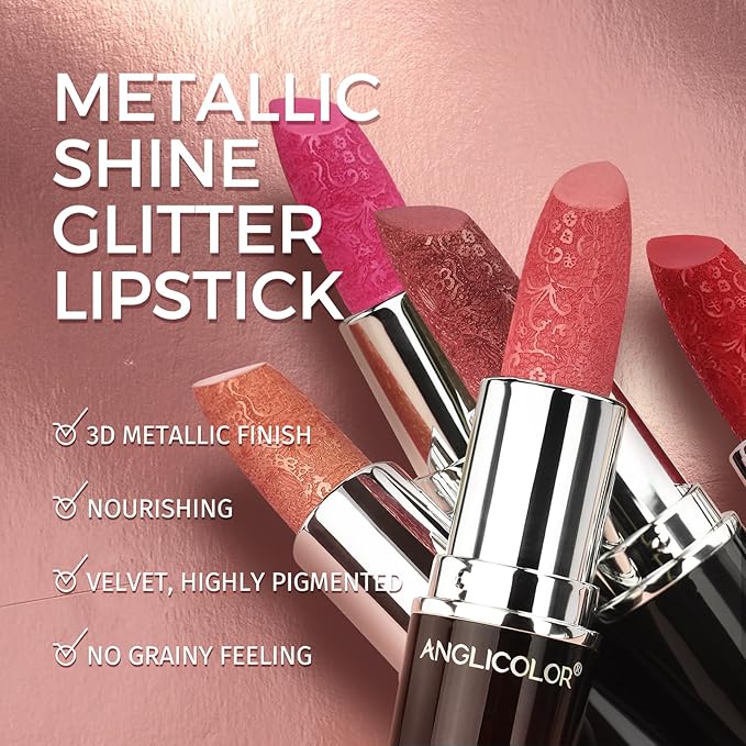 Anglicolor 2pcs Metallic Glitter Pink and Red Lipstick High Impact Lipcolor,Moisturizing Creamy Formula,Lipstick For Women,Smooth and Non-Sticky,Full-Coverage Lip Color
