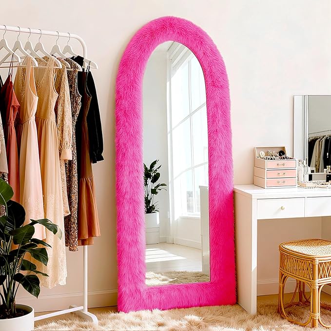 Fluffy Full Length Mirror Cover Universal Ultra Soft Non-Slip Border with Adhesive Tape Pink Fuzzy Frame Decor for Standing Mirror Bedroom Cloakroom Home Decor Women Gifts (vibrant pink, 64 x 21 Inch)