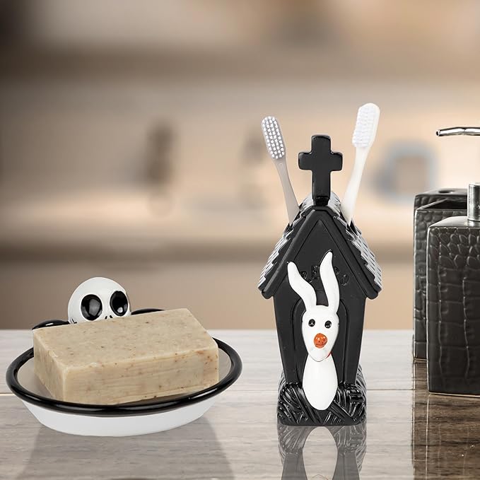 Jay Franco Disney Nightmare Before Christmas Bathroom Accessories - 2 Piece Black & White Resin Bathroom Décor and Storage Set Includes Toothbrush Holder and Soap Dish Set