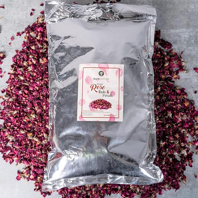 Cure wid Pure Sun-Dried Rose Petals & Buds Whole In Resealable Pouch - Fragrant & Rich in Color,Ideal for Culinary & Aromatic Uses Food Grade Dried Roses for Tea,Rose Water,Decor & More 1Lb