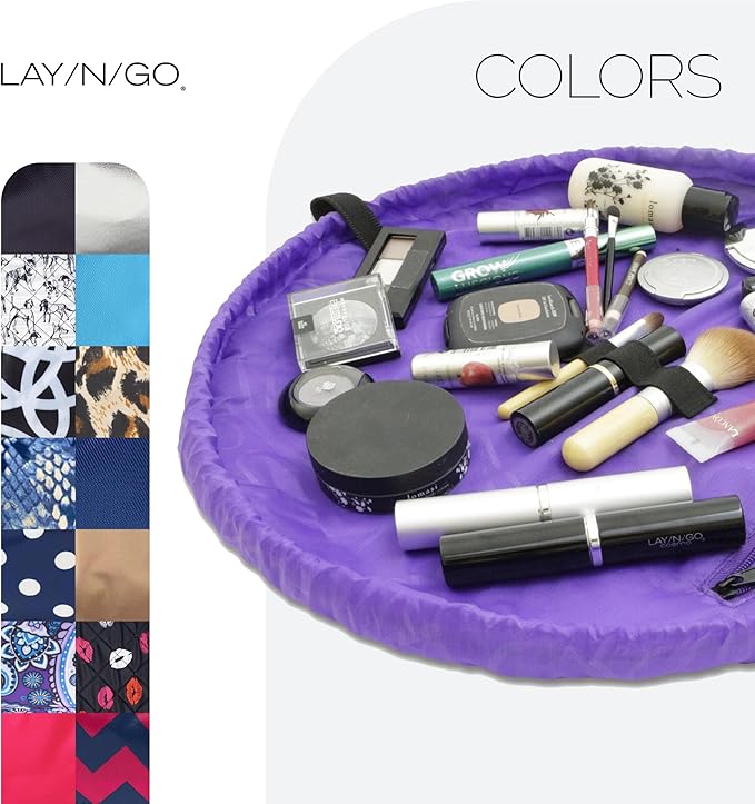 Lay-n-Go Cosmo Layflat Drawstring Cosmetic & Makeup Bag Organizer w/Zipper Pocket, Brush Loops & More, Cinch to Close, Lay Flat to Use, Durable, Machine Wash, Travel Toiletry Bag (20", Purple)