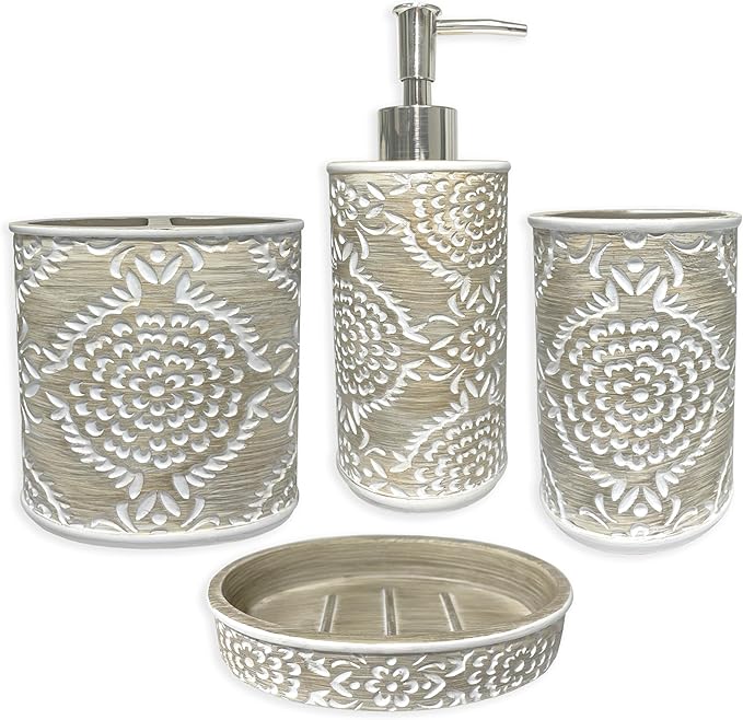 Regal Resin Bathroom Tumbler - Decorative Toothbrush Holder Cup for Bathroom Vanity Organizer and Countertop Decor Beige