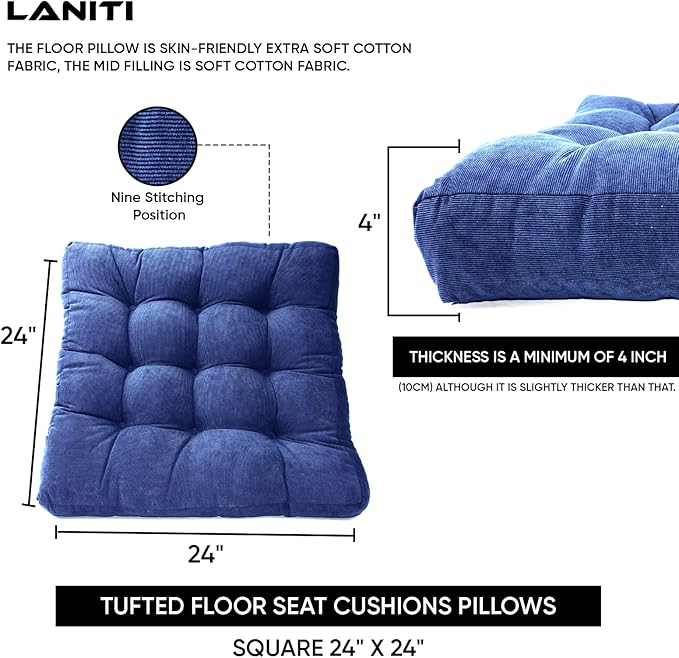 LANITI 24” Inch Extra Large Floor Cushions Tufted Floor Pillow for Adults Square Meditation Ultimate Comfort Oversized Pillows for Floor Cushion (Navy)