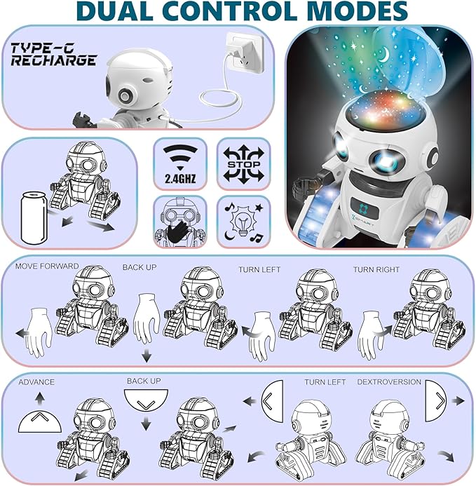Aikmi Robot Toys for Kids 5-7, Rechargeable Remote Control Robot with Projector Night Light for Kids, Gesture Sensor, Music, Toys for 6 Year Old Boys Girls Birthday Present Boy Toy (White)
