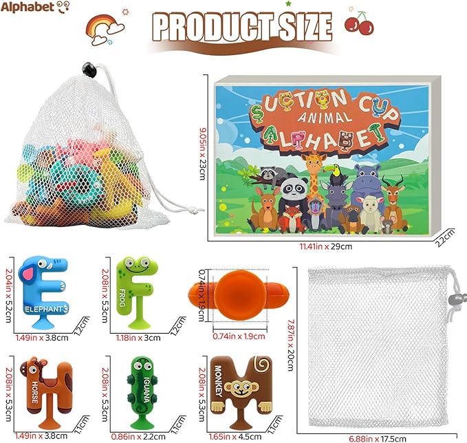 26pcs Alphabet Bath Toys for Toddlers , Educational Suction Bath Toys with Animal Letters, Montessori Sensory Toy for Kids 3-12, No Hole Food-Grade Silicone Toys for Autism/ADD/ADHD
