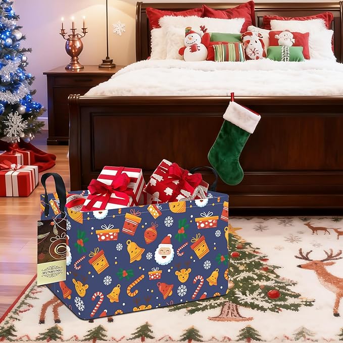 HUNRUNG Rectangle Storage Basket Cute Canvas Organizer Bin for Pet/Children Toys, Books, Clothes Perfect for Rooms/Playroom(REC-Blue Christmas Bell)