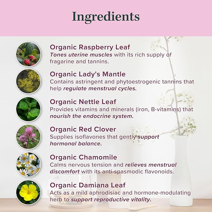 Jade Tea - Organic Women's Fertility Tea, 2 in 1 Hormone Balance Tea & Period Pain Relief - Red Raspberry Leaf, Lady’s Mantle, Red Clover, Chamomile, & Damiana Leaf, Fair Trade USA - Made in USA