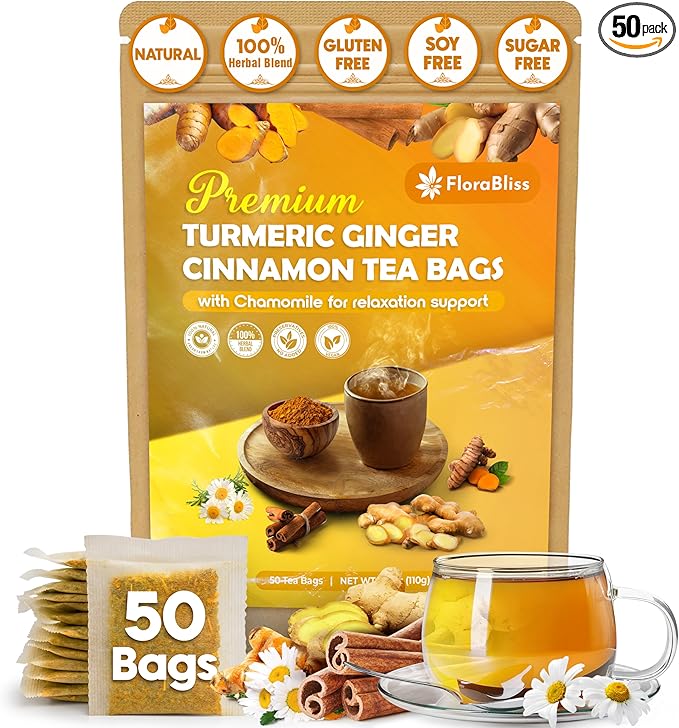 FloraBliss 50 Bags Premium Turmeric Ginger Cinnamon Tea with Upgraded Chamomile, Extra Strength 2.2g/Bag, 100% Natural, Caffeine-Free, Vegan, Eco-Friendly, Supports Digestion, Relaxation