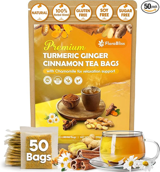 FloraBliss 50 Bags Premium Turmeric Ginger Cinnamon Tea with Upgraded Chamomile, Extra Strength 2.2g/Bag, 100% Natural, Caffeine-Free, Vegan, Eco-Friendly, Supports Digestion, Relaxation