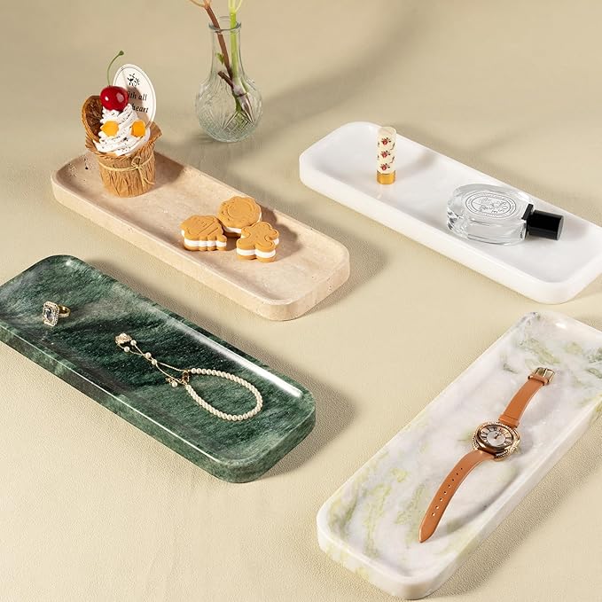 Koville Marble Tray for Bathroom Sink, 12"x4" Natural Stone Vanity Tray for Kitchen Dresser Countertop, Rectangular Decorative Marble Tray for Jewelry Perfume Trinket(Bianco Palomino)