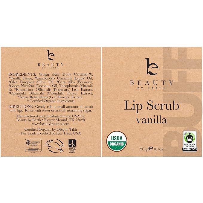 USDA Organic Lip Scrub Vanilla - USA Made with Natural Ingredients, Moisturizing Scrub Exfoliator for Dry Lips, Lip Sugar Scrubber Exfoliator for Smooth Lips, Small Beauty Gifts