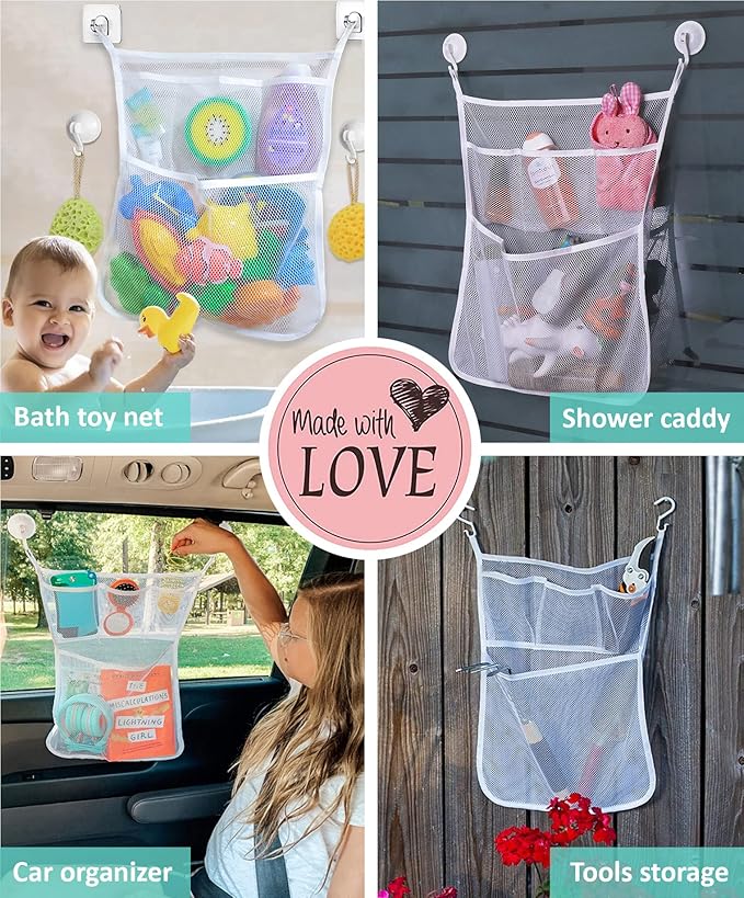 Bath Toy Holder 14x20 Inch, Mesh Bathtub Toy Storage Basket, Kids Bath Net, Tub Holder Bag, Toddler Shower Caddy Hanging Bucket Bin, Baby Bathroom Organizer with 2 Suction Cups, 2 Adhesive Wall Hooks