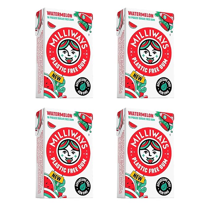 Milliways Watermelon | Plastic Free Gum | Xylitol, Aspartame-Free, Sugar-Free, Plant-Based, Natural Chewing Gum | 40 Pieces Total (4 Packs of 10 Pieces)