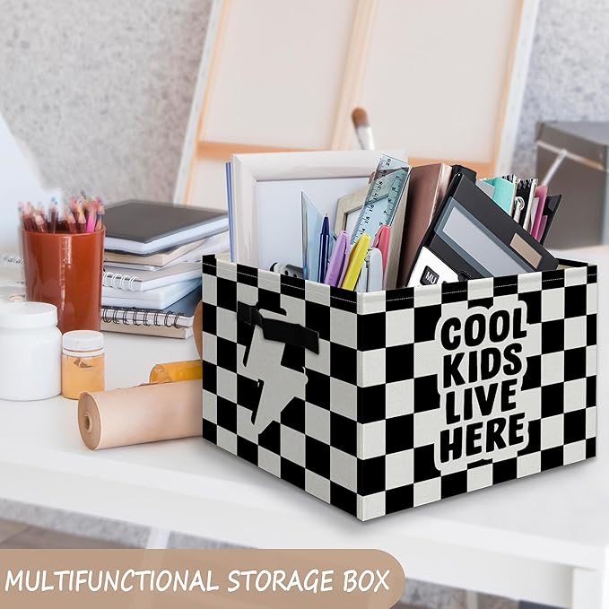 Cool Kids Live Here Boy Foldable Storage Bins Box with Handles, Black and White Checkered Collapsible Organizer Basket for Kids Boys Bedroom Bathroom Nursery Playroom Clothes Toys Books