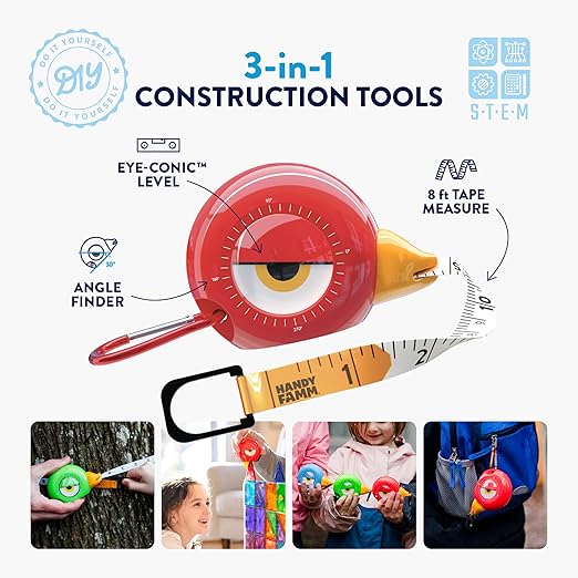 Handy Famm 8ft Red Bird Tape Measure for Kids – STEM Educational Tool with Level, Protractor, Retractable Design - DIY Construction Toy, Child-Safe Measuring Tapes, Gift for Boys & Girls 3+