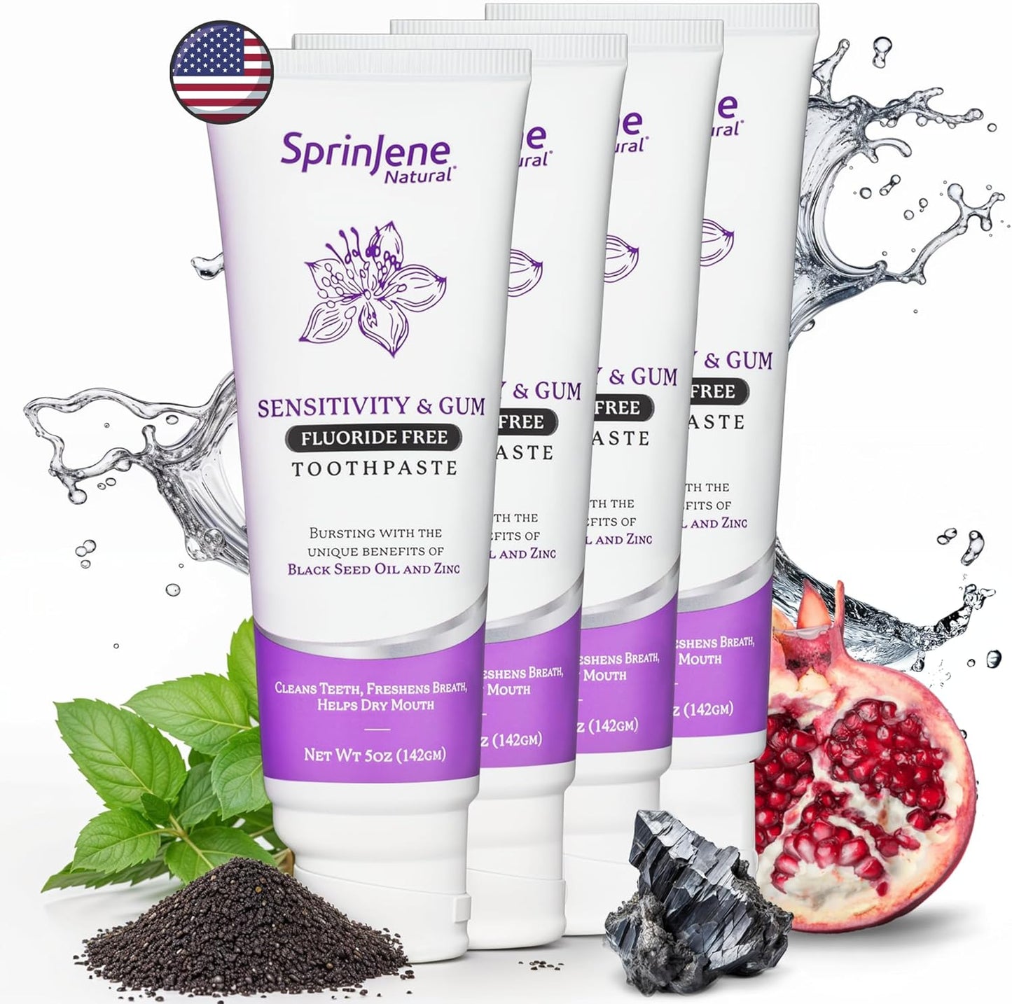 SprinJene Natural Fluoride Free Toothpaste for Sensitive Teeth & Gums – Patented Toothpaste with Black Seed Oil & Zinc – Vegan Dry Mouth Prevention for Fresh Breath – Made in The USA (4 Pack)