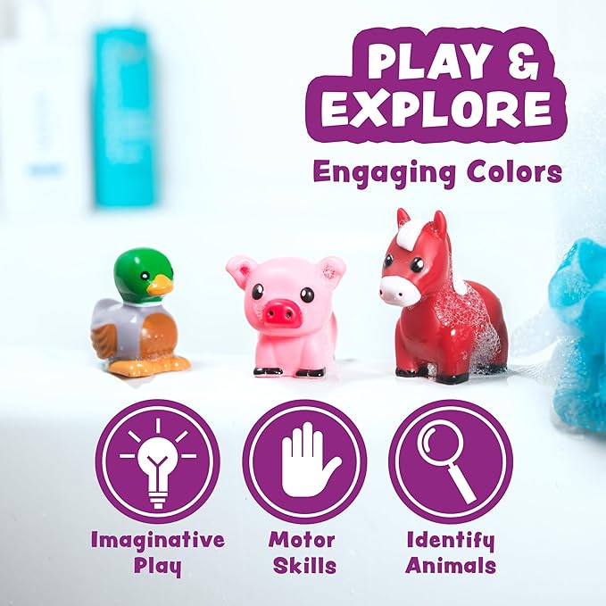 Tub Works® Barnyard™ Mold Free Bath Toys, 12 Pack | Sealed, No Hole Bath Toys Design Keeps Moisture Out | Soft, Squeezable & Float on Water | Farm Animals Baby & Toddler Bathtub Toys | Baby Pool Toys