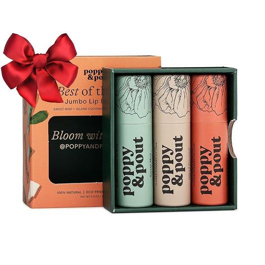 Jumbo Lip Balm Gift Set (3-Pack, Top Flavors) | Poppy & Pout All Natural Lip Balms & Moisturizers | Hydrates with Beeswax, Vitamin E, Organic Coconut Oil | Cruelty-Free | Recyclable Cardboard Tube