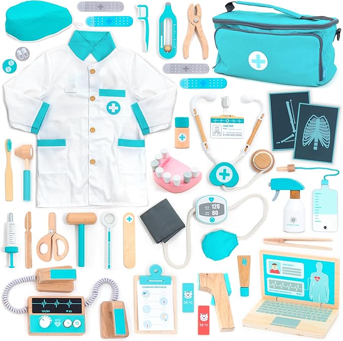 UMU® Deluxe Wooden Doctor Play Set – 37 Pcs Pretend Medical Kit with Stethoscope Dentist Tools Laptop & Accessories – Doctor Role Play Toy for Kids Ages 3 4 5 6