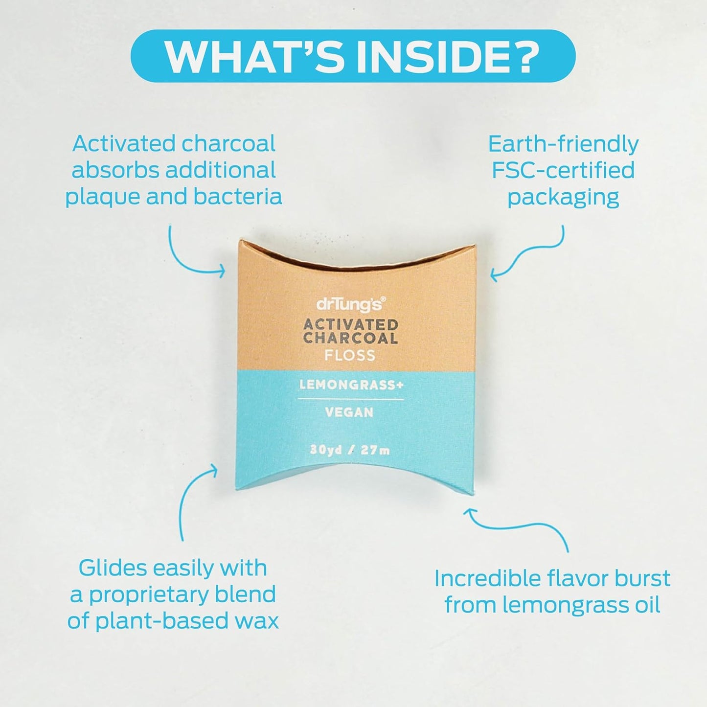 DrTung's Vegan Activated Charcoal Floss - Natural Dental Floss, PTFE & PFAS Free, Gentle on Gums, Expands & Stretches, BPA Free - Lemongrass Flavor (Pack of 2)