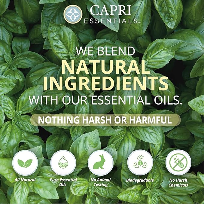 Capri Essentials Hand Soap Liquid, Natural Household Cleaning Supplies, Gentle Plant Based Aromatic Hand Wash with a Blend of Essential Oils, Removes Dirt & Grime, Sweet Basil Scent, 16 FL Oz (2 Pack)