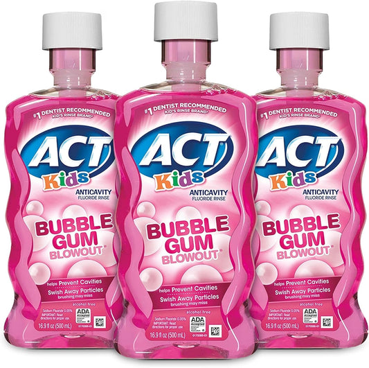 ACT Kids Anticavity Fluoride Rinse for Bad Breath Treatment, Bubble Gum Blowout, 16.9 fl. oz. (Pack of 3)