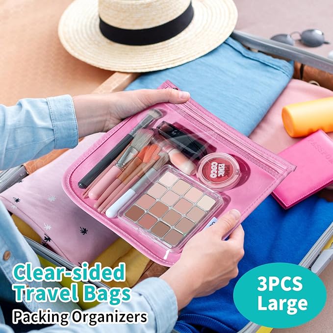 TSA Approved Toiletry Bag, Set of 3 Clear Travel Toiletry Bag Quart Size Zipper Travel Pouch, Waterproof Makeup Cosmetic Bag for Women Men Kids Toiletries Carry on, Pink Large
