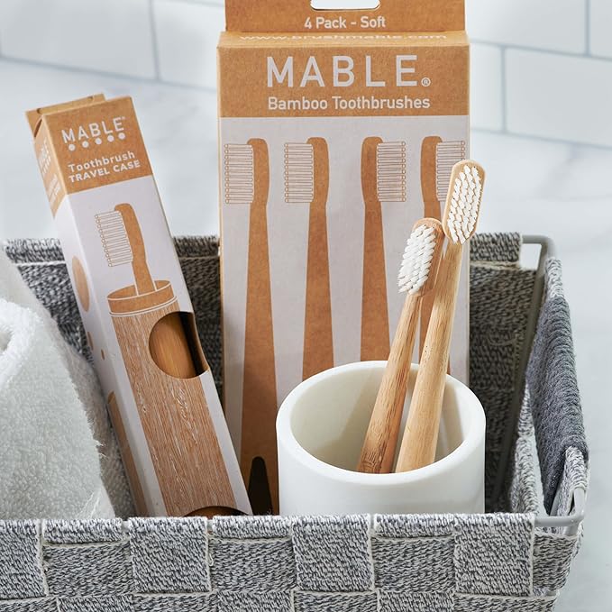 MABLE Bamboo Toothbrush for Adults – Soft Bristle, Compostable Wooden Toothbrushes, Available in 2 Pack and 4 Pack (Soft Bristles (Pack of 4)
