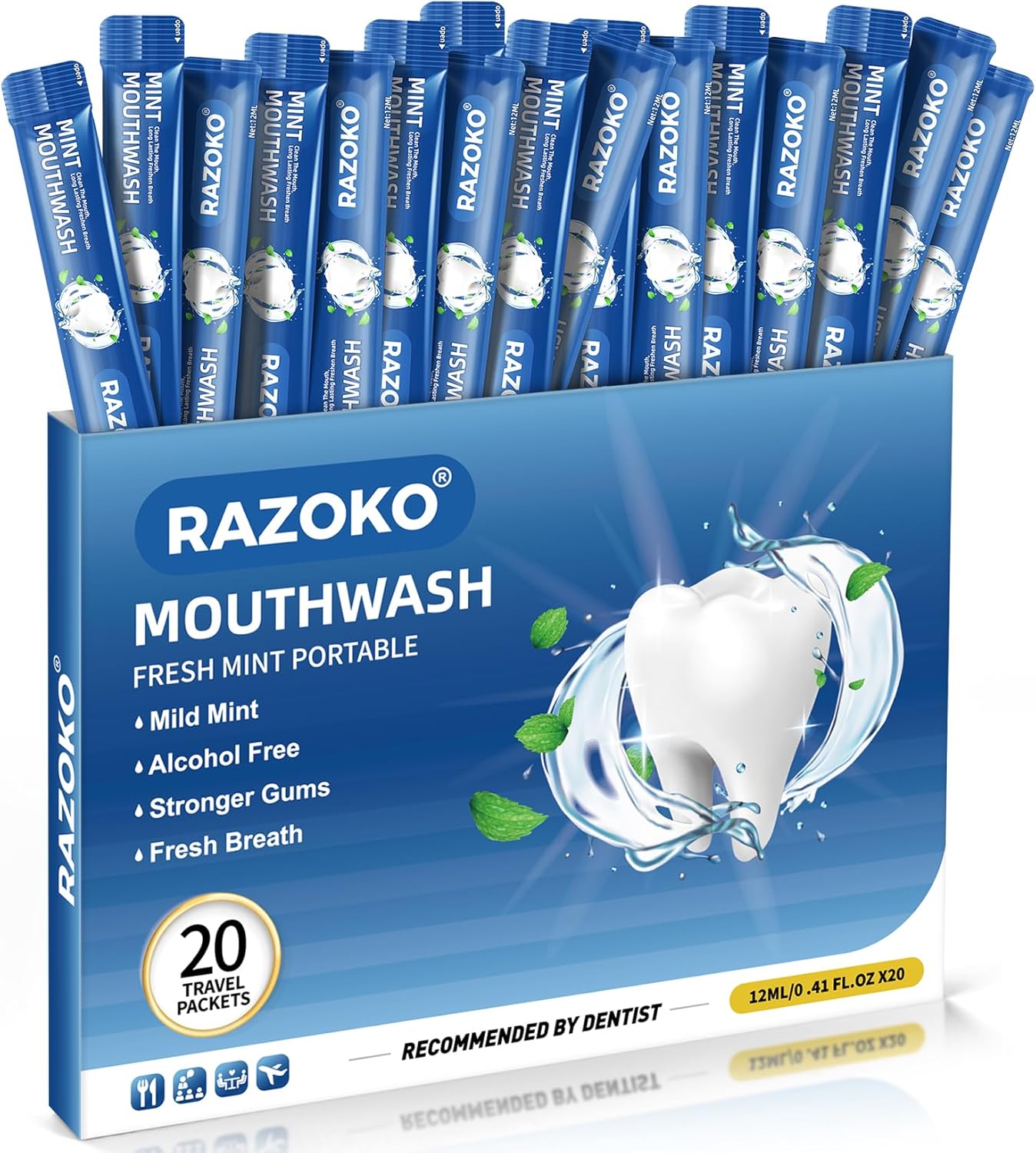 RAZOKO Mouthwash Travel Size-Portable Fresh Mint Packets,Alcohol & Fluoride Free Mouthwash,Disposable Oral Care Strips