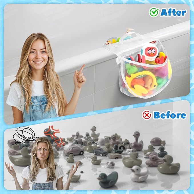 UNEEDE Bath Toy Storage Saddle Shape 2 Compartments,Quick Access丨Wide Opening Bathtub Toy Organizer for Tub,Nylon Mesh Shower Holder and Tub Storage Organizer for Kids,Easy to Clean and Install