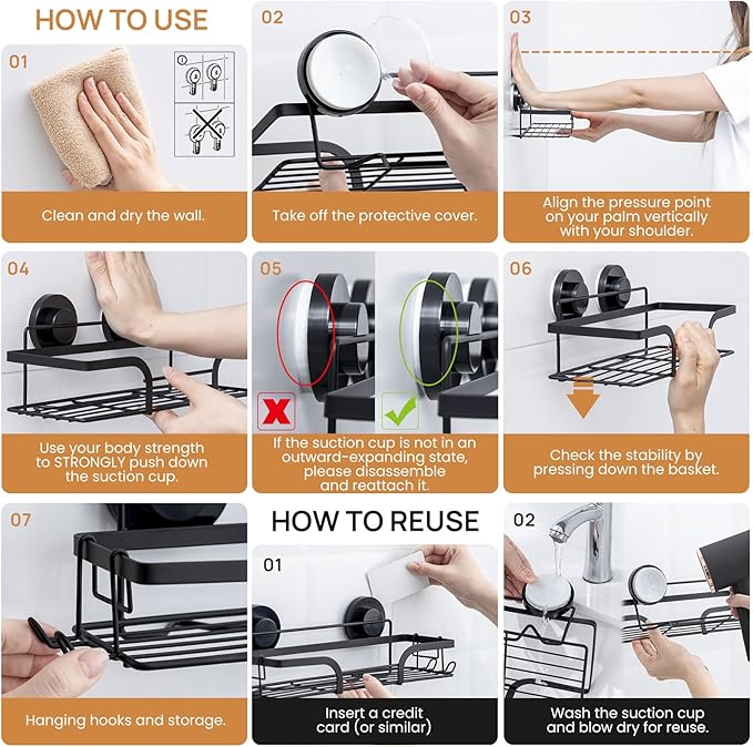 LEVERLOC Shower Caddy Suction Cup, 2 Pack Shower Shelves for Inside, Black Rustproof Metal Bathroom Storage NO-Drilling Bathroom Organizer with Large Capacity, Heavy Duty Storage Basket