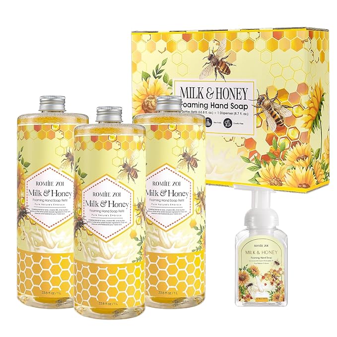 ROMIIE ZOI Foaming Hand Soap Refill Gift Set – Honey & Milk Scent – 3 Pack (1000ML Each) with Dispenser – Gentle & Moisturizing Plant-Based Formula – Bulk Refill Bottles for Bathroom & Kitchen Use