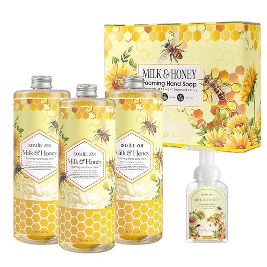 ROMIIE ZOI Foaming Hand Soap Refill Gift Set – Honey & Milk Scent – 3 Pack (1000ML Each) with Dispenser – Gentle & Moisturizing Plant-Based Formula – Bulk Refill Bottles for Bathroom & Kitchen Use