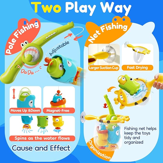 Mold Free Kids Bath Toys - Toddler Fishing Game with Fishing Net, Birthday Gift for Boys and Girls Ages 3-5, Great Water Toy for Bathtub, Swimming Pool, and Beach Fun