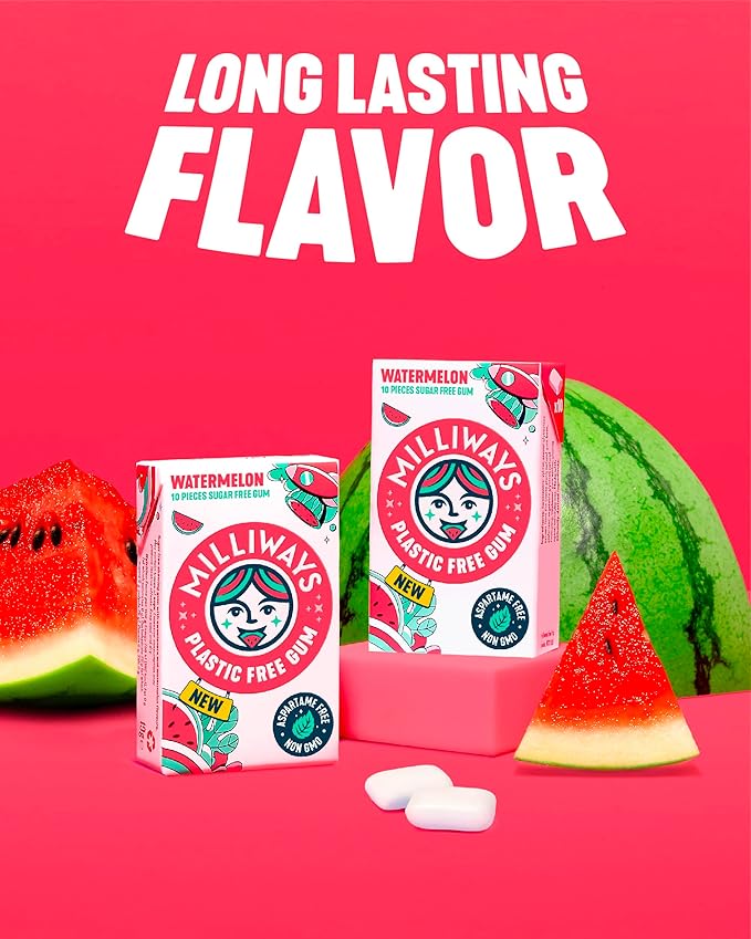 Milliways Watermelon | Plastic Free Gum | Xylitol, Aspartame-Free, Sugar-Free, Plant-Based, Natural Chewing Gum | 40 Pieces Total (4 Packs of 10 Pieces)